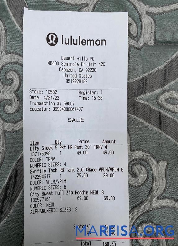 Blank USA Lululemon shop payment receipt download for verification